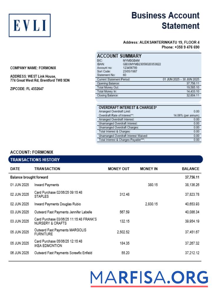 Downloadable Evli Bank PLC enterprise account statement Word and PDF template